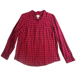 St John's Bay Women's Red With Gold Detail Plaid Button-up Flannel Shirt X-Large